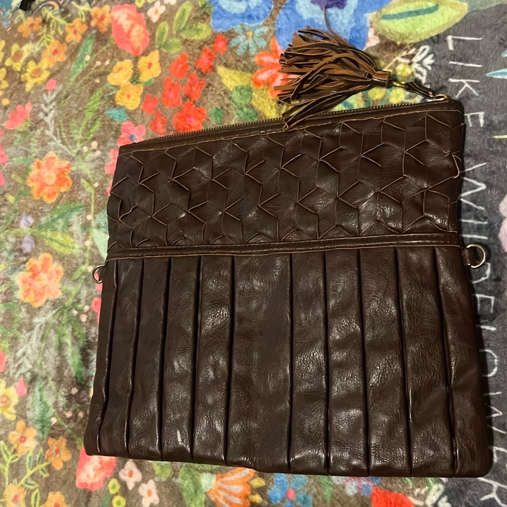 Urban Expression Weaved  boho Clutch Brown tassel Bag Vegan Leather 11 1/2" X 10